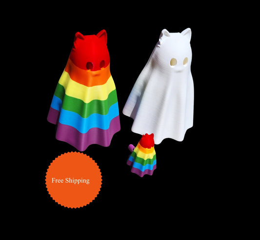 Ghost Cat, Articulated Toy & Halloween Decoration! Rainbow and White colors, fun!